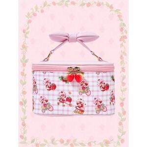 Strawberry Shortcake Pink Gingham Case, Makeup Bag w/ Bow Handle & 3D Zippers